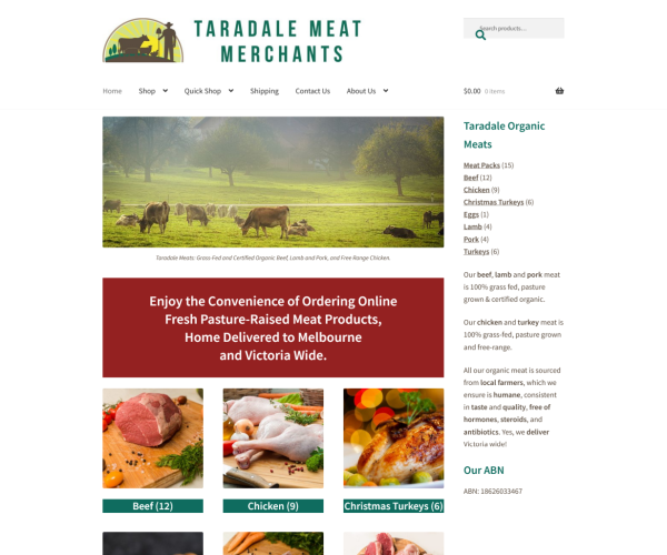 Pastoral scene with grass-fed cattle and meat products