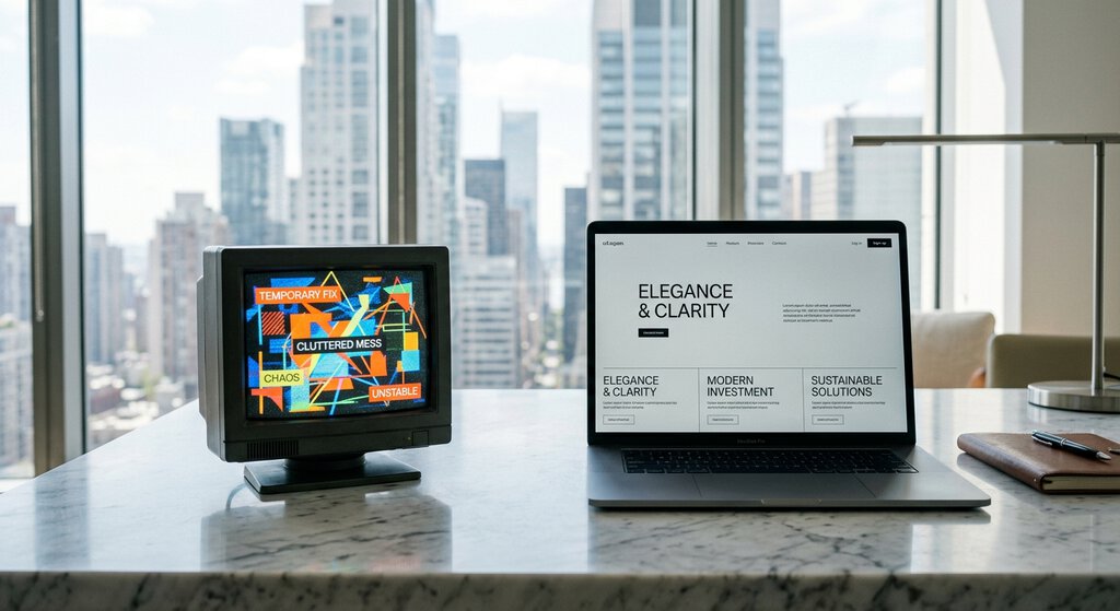 Old CRT monitor beside modern laptop on desk