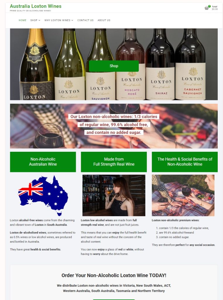Selection of Loxton dealcoholised wine bottles displayed on a website homepage with product benefits.