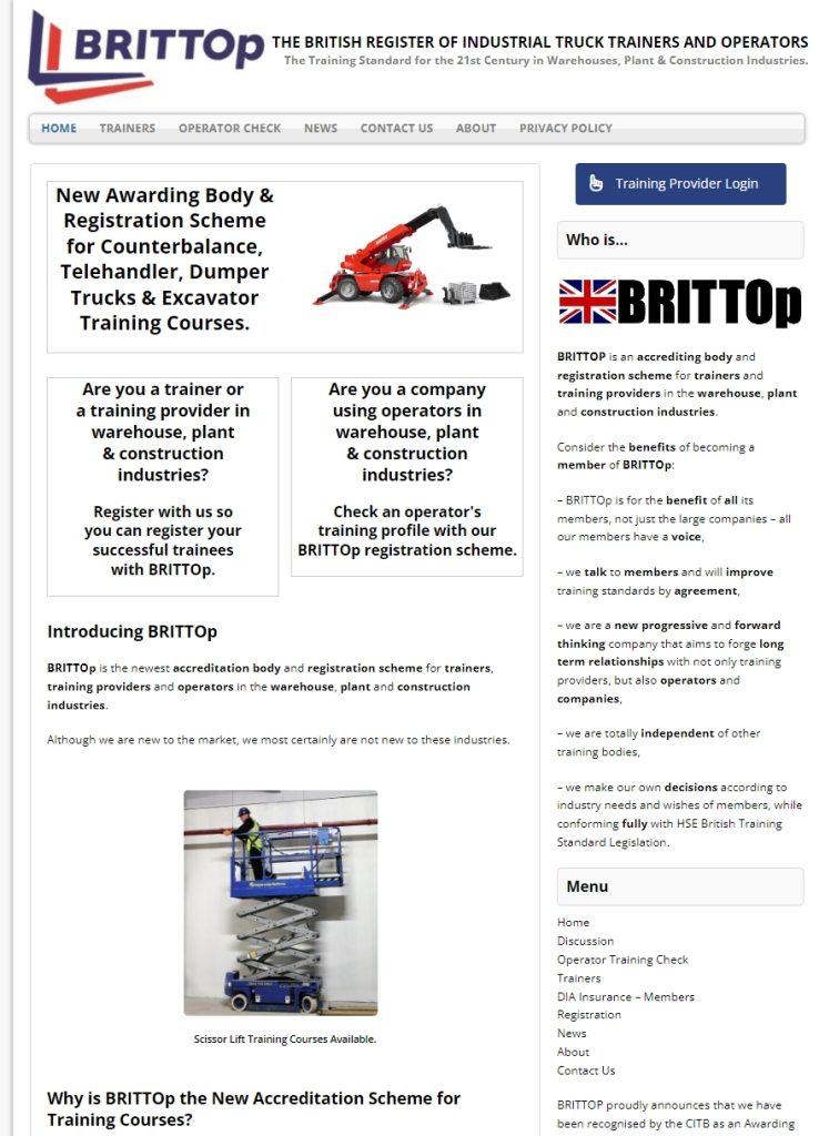Webpage for BRTTOp industrial truck trainers accreditation scheme with machinery images and text