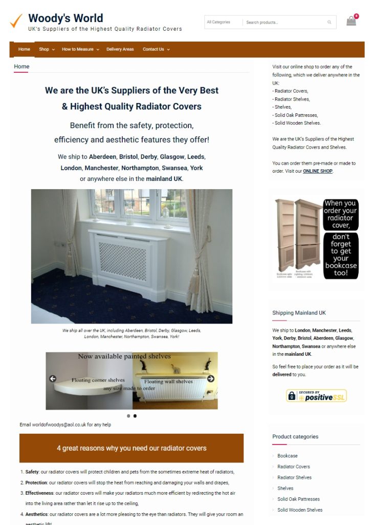 White decorative wooden radiator cover with lattice grill fitted under a window with curtains on dark carpet.