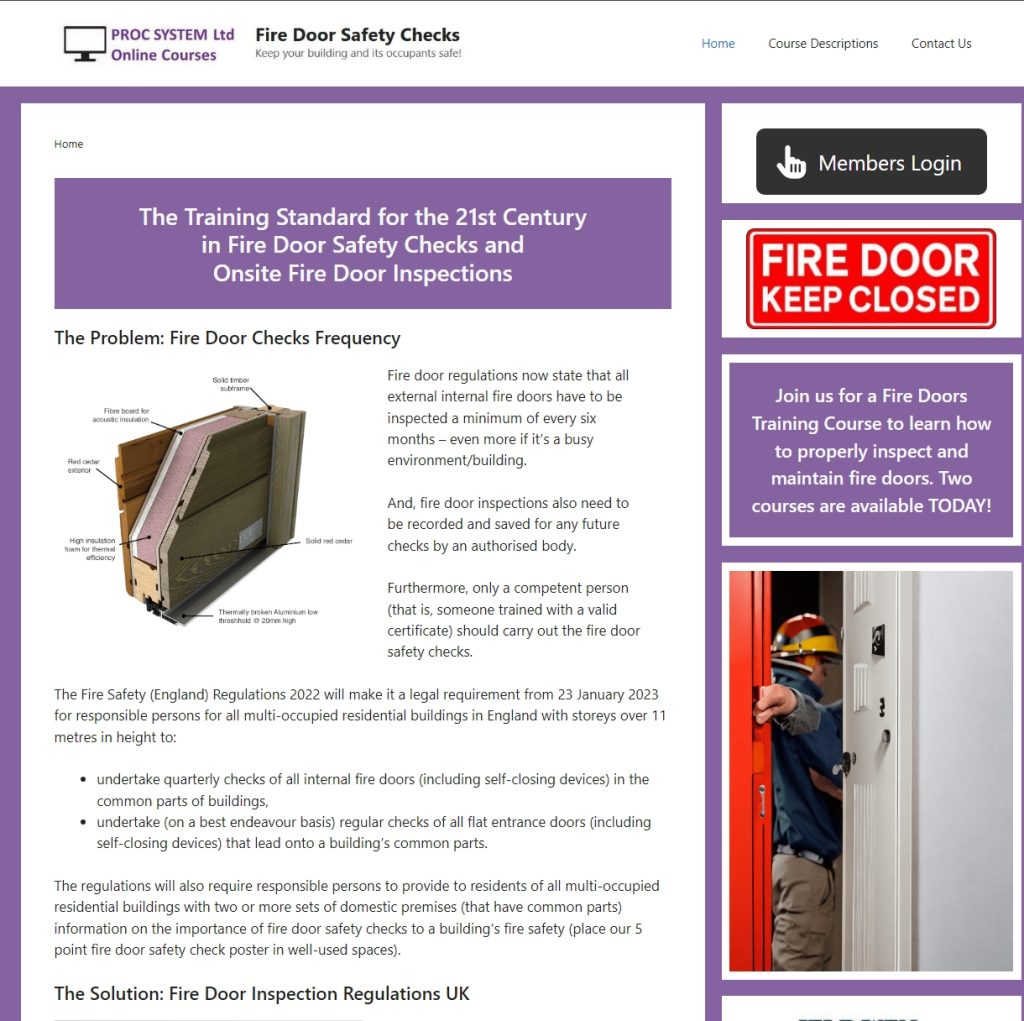 Webpage for Fire Door Safety Checks online training courses with door diagram and inspection regulations.
