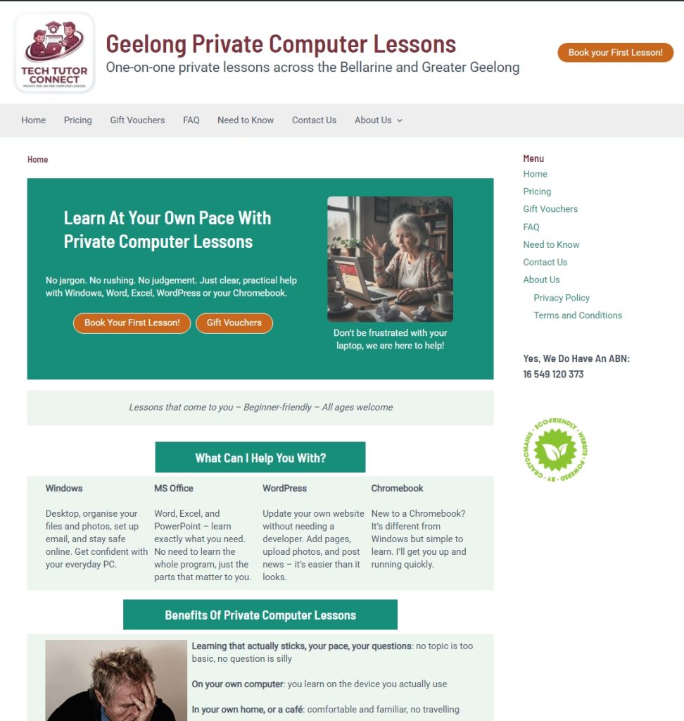 Geelong Private Computer Lessons homepage offering one-on-one technology tutoring.