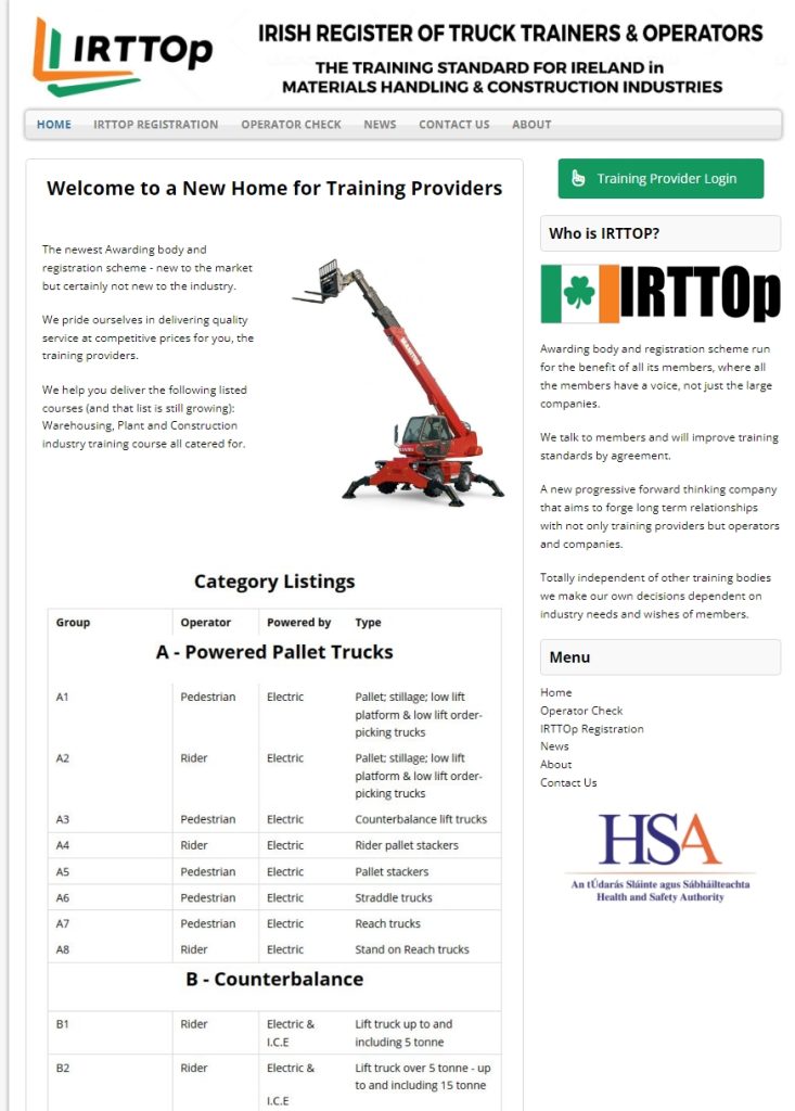 Irish Register of Truck Trainers and Operators homepage displaying plant machinery training category listings and logos.