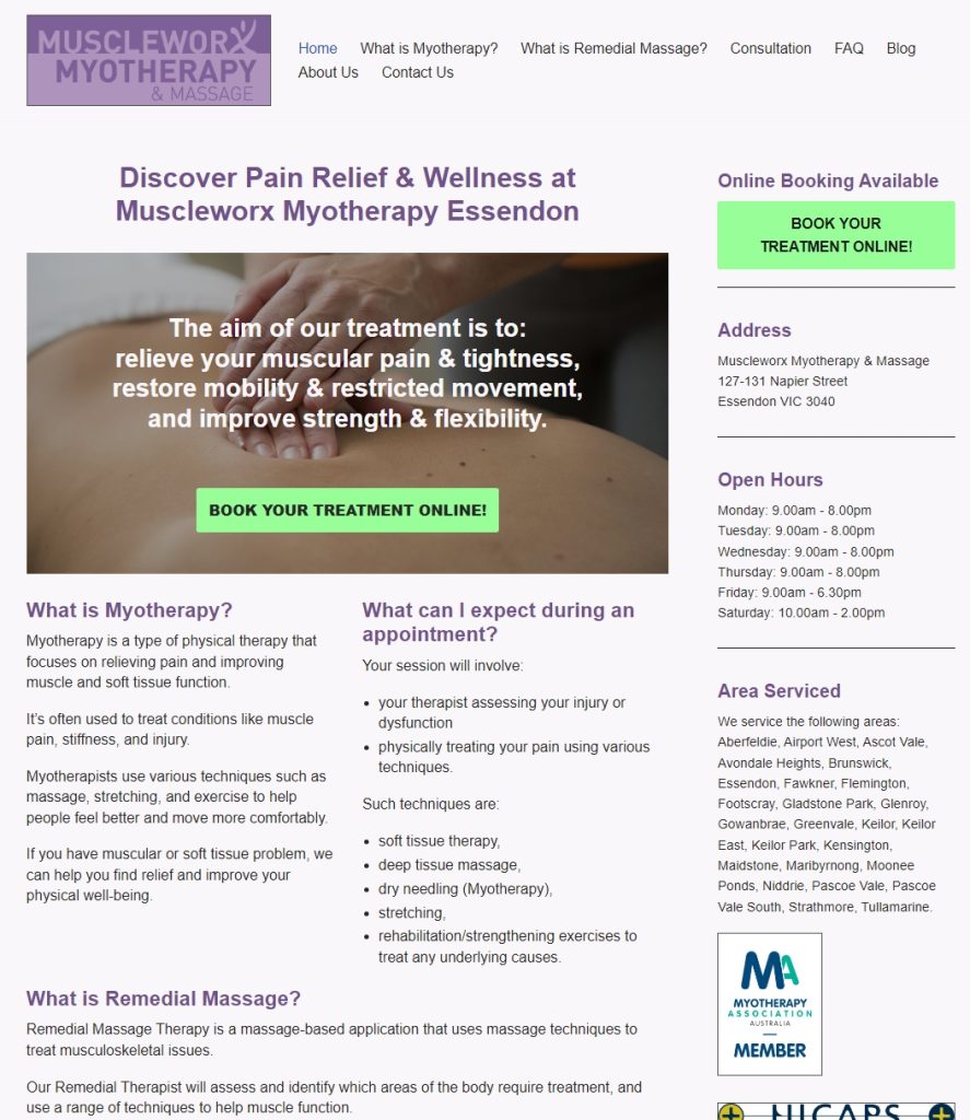 Homepage of Muscleworx Myotherapy & Massage clinic in Essendon, Australia.