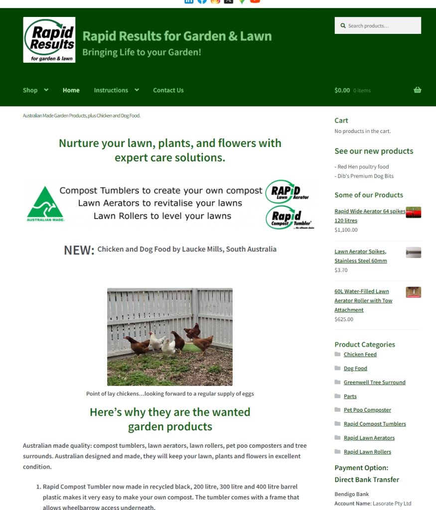 Rapid Results Garden & Lawn website homepage featuring garden products.