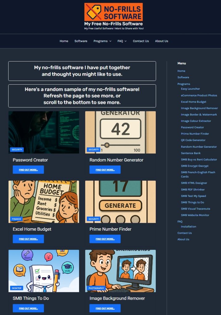 Homepage of No-Frills Software featuring various free utility programs.