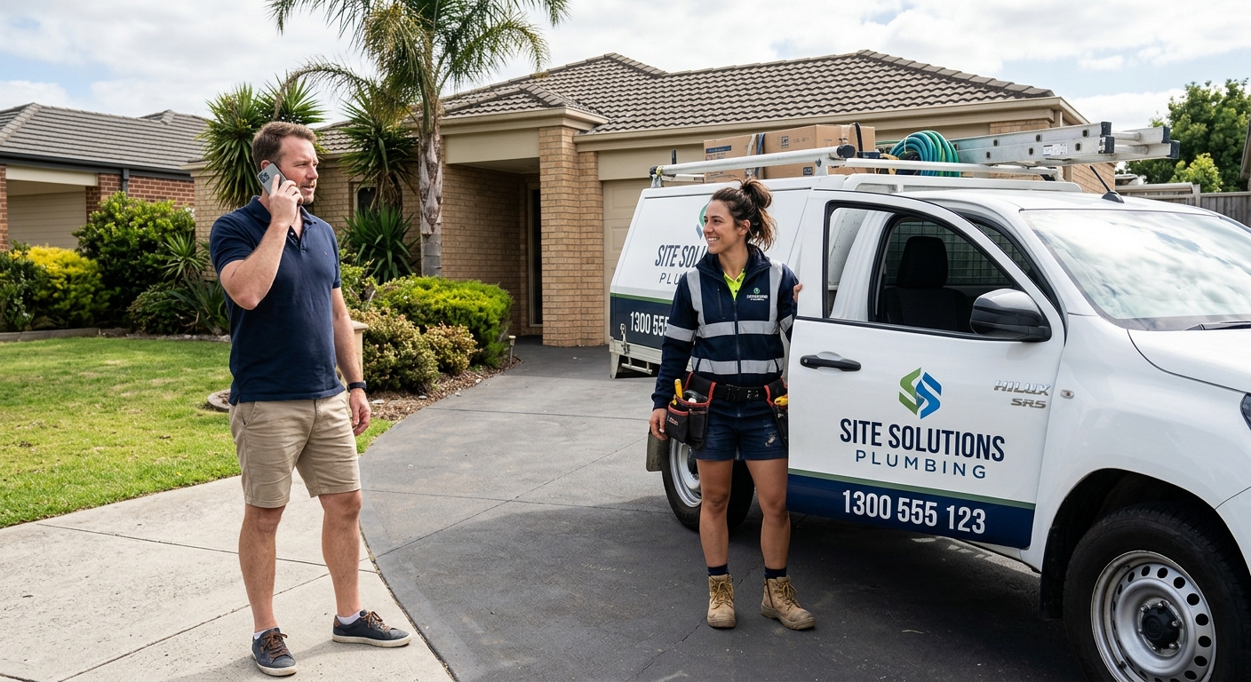 Man talking on a phone in a driveway with a female tradesperson and her work truck in the background.