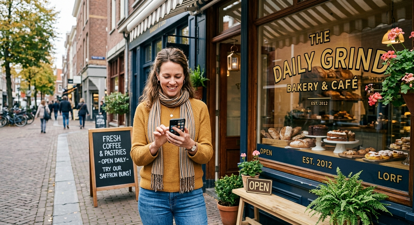 A woman holding a mobile phone while standing outside a local small business storefront.