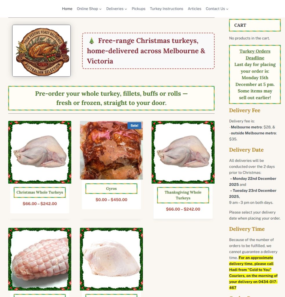Website selling home-delivered free-range Christmas turkeys across Melbourne and Victoria.